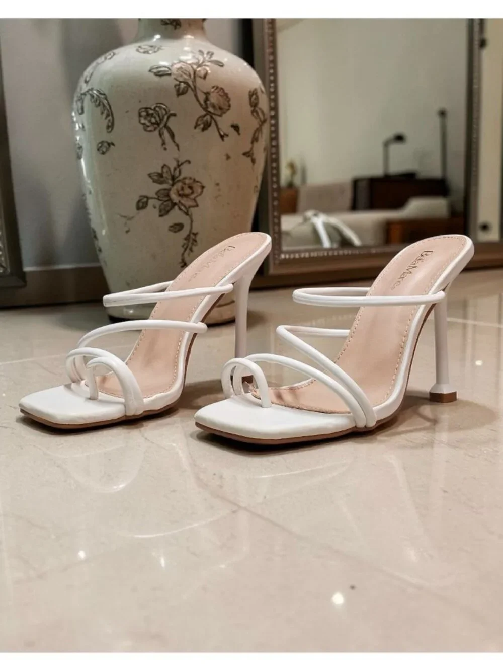 Strappy White High Heel Mules With Square Toe & Slim Stiletto Heels For Women - Picture 10 of 14